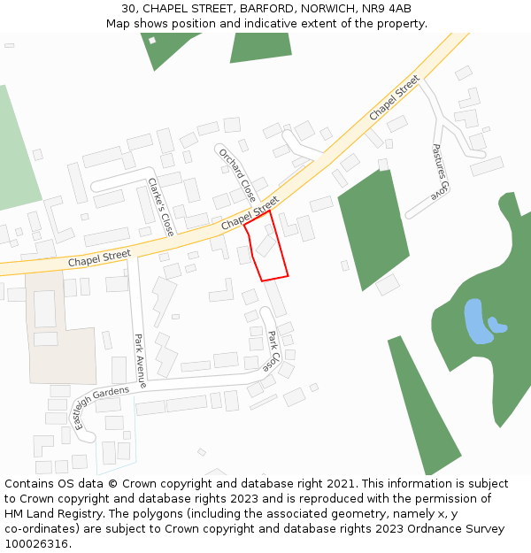 30, CHAPEL STREET, BARFORD, NORWICH, NR9 4AB: Location map and indicative extent of plot