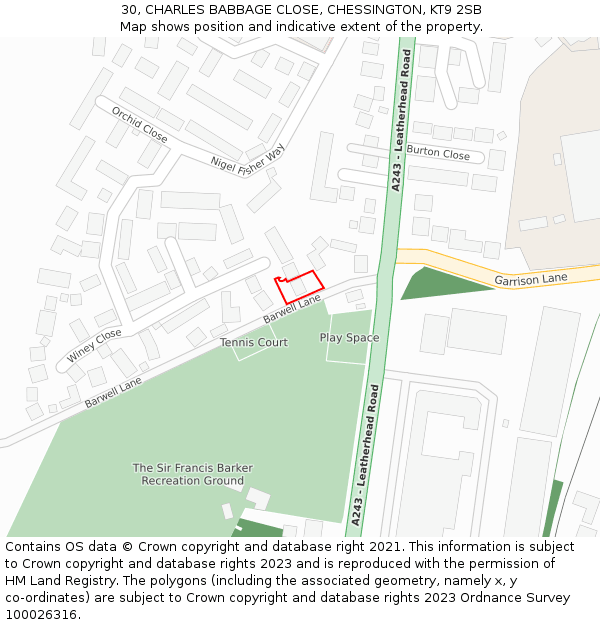 30, CHARLES BABBAGE CLOSE, CHESSINGTON, KT9 2SB: Location map and indicative extent of plot