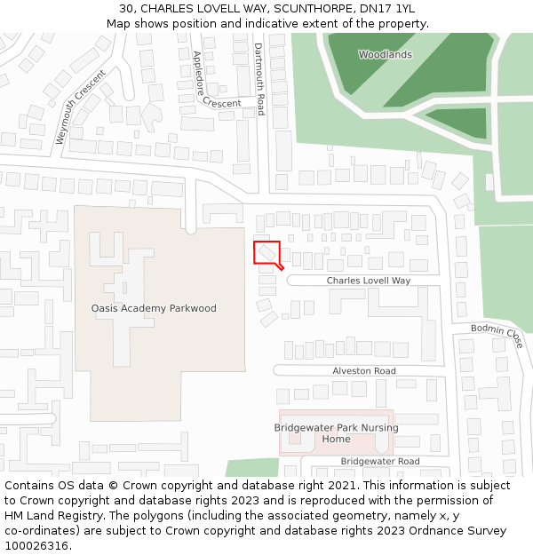 30, CHARLES LOVELL WAY, SCUNTHORPE, DN17 1YL: Location map and indicative extent of plot