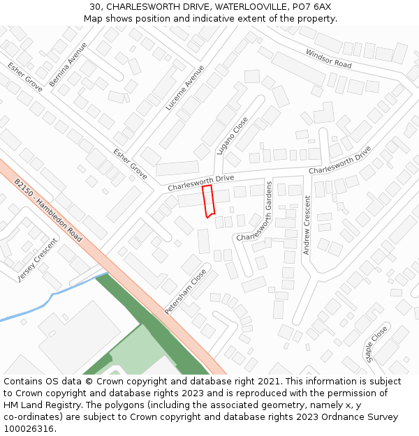 30, CHARLESWORTH DRIVE, WATERLOOVILLE, PO7 6AX: Location map and indicative extent of plot