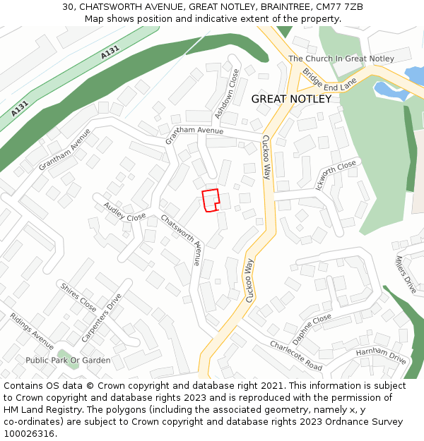 30, CHATSWORTH AVENUE, GREAT NOTLEY, BRAINTREE, CM77 7ZB: Location map and indicative extent of plot