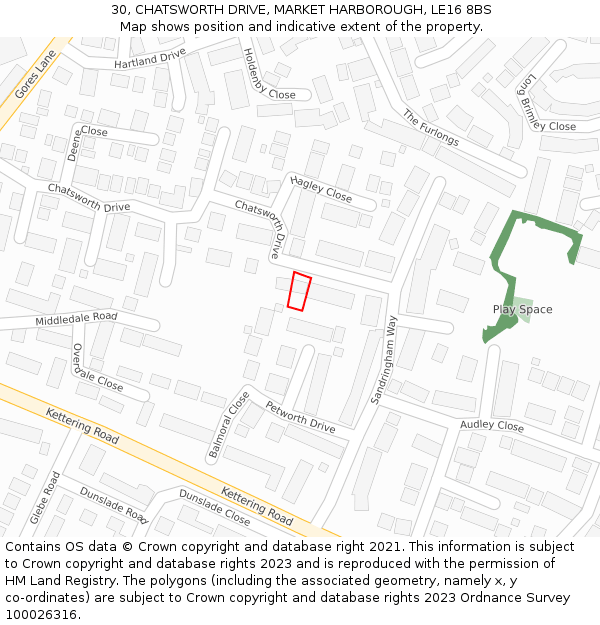 30, CHATSWORTH DRIVE, MARKET HARBOROUGH, LE16 8BS: Location map and indicative extent of plot
