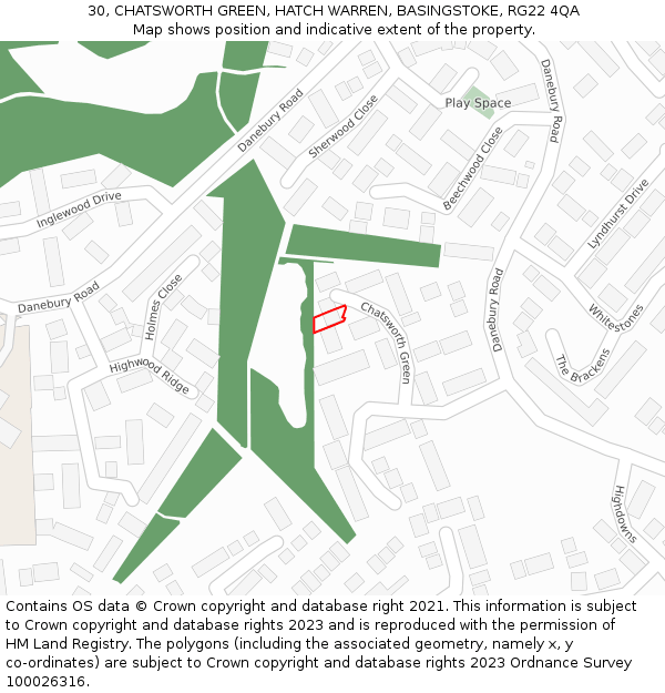 30, CHATSWORTH GREEN, HATCH WARREN, BASINGSTOKE, RG22 4QA: Location map and indicative extent of plot