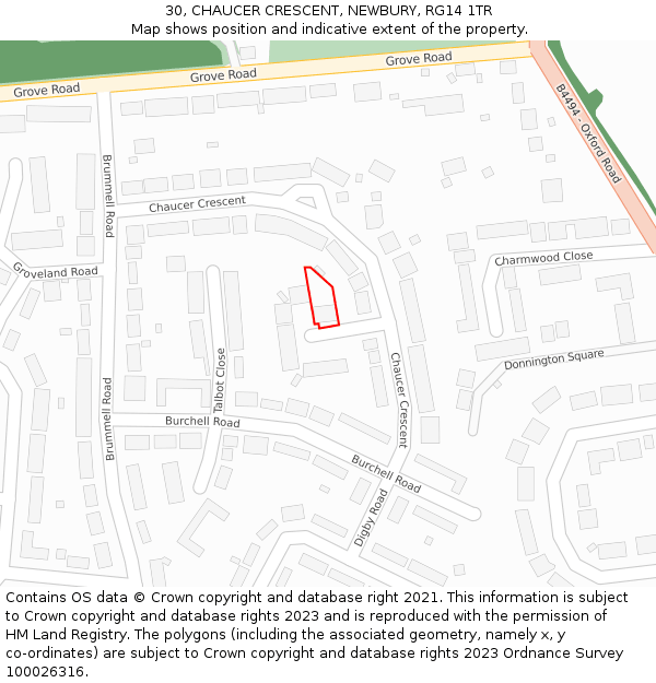 30, CHAUCER CRESCENT, NEWBURY, RG14 1TR: Location map and indicative extent of plot