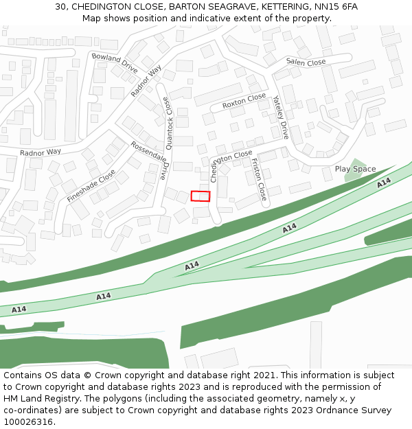 30, CHEDINGTON CLOSE, BARTON SEAGRAVE, KETTERING, NN15 6FA: Location map and indicative extent of plot