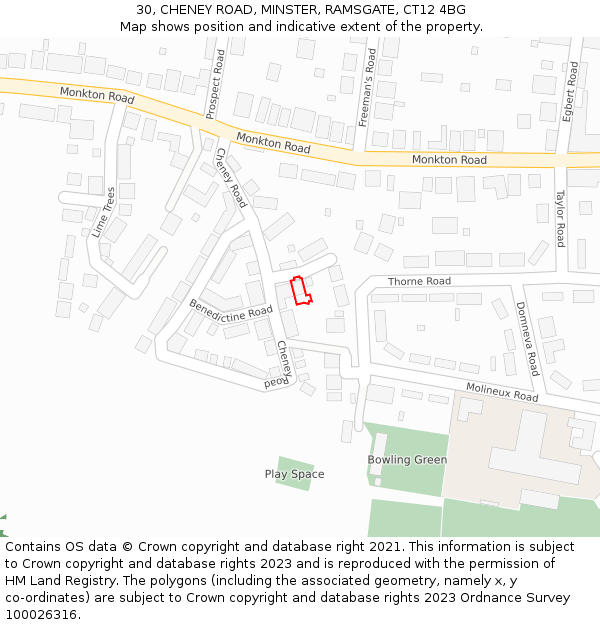 30, CHENEY ROAD, MINSTER, RAMSGATE, CT12 4BG: Location map and indicative extent of plot