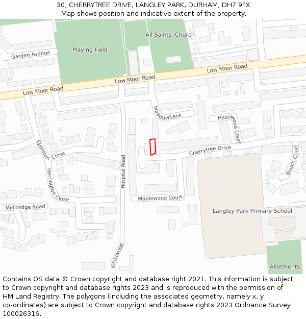 30, CHERRYTREE DRIVE, LANGLEY PARK, DURHAM, DH7 9FX: Location map and indicative extent of plot