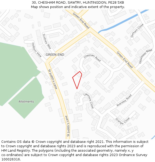 30, CHESHAM ROAD, SAWTRY, HUNTINGDON, PE28 5XB: Location map and indicative extent of plot