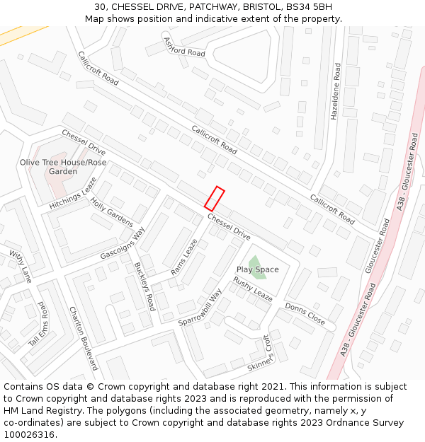 30, CHESSEL DRIVE, PATCHWAY, BRISTOL, BS34 5BH: Location map and indicative extent of plot