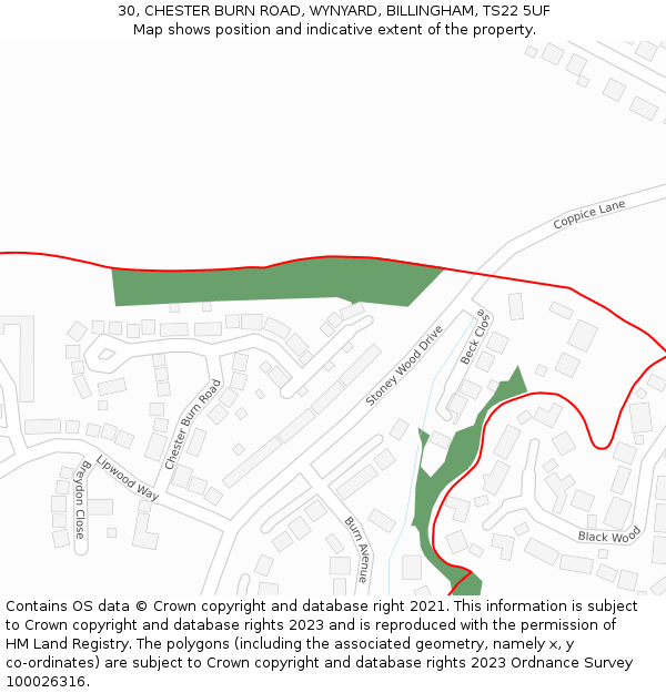 30, CHESTER BURN ROAD, WYNYARD, BILLINGHAM, TS22 5UF: Location map and indicative extent of plot