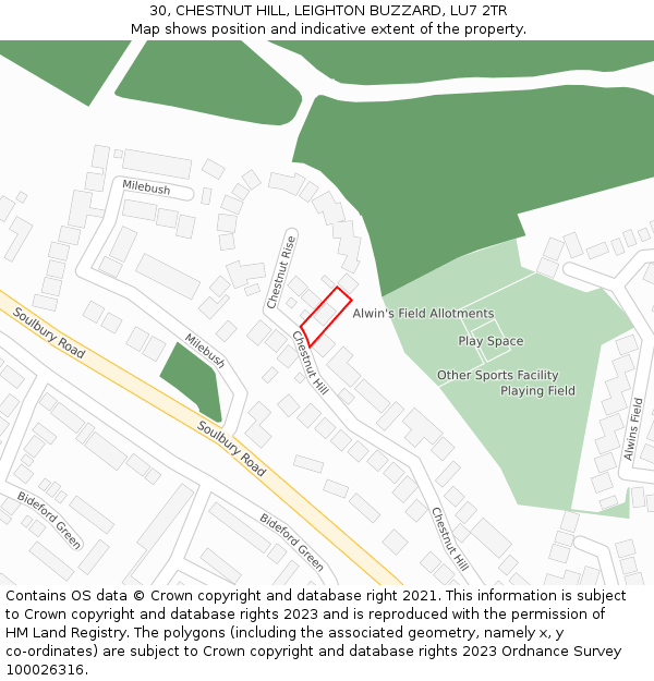 30, CHESTNUT HILL, LEIGHTON BUZZARD, LU7 2TR: Location map and indicative extent of plot