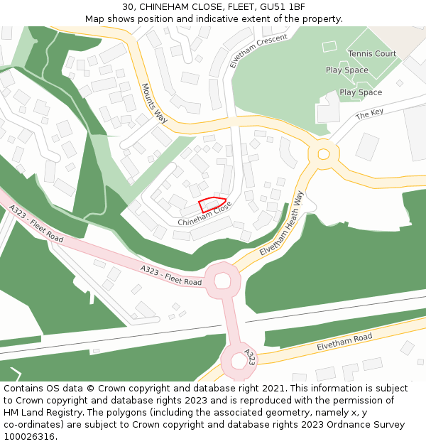 30, CHINEHAM CLOSE, FLEET, GU51 1BF: Location map and indicative extent of plot