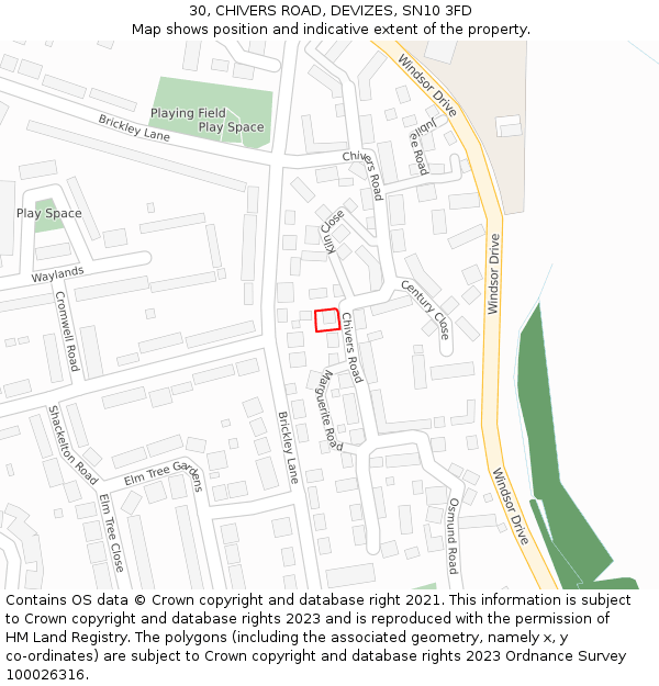 30, CHIVERS ROAD, DEVIZES, SN10 3FD: Location map and indicative extent of plot