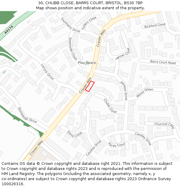 30, CHUBB CLOSE, BARRS COURT, BRISTOL, BS30 7BP: Location map and indicative extent of plot