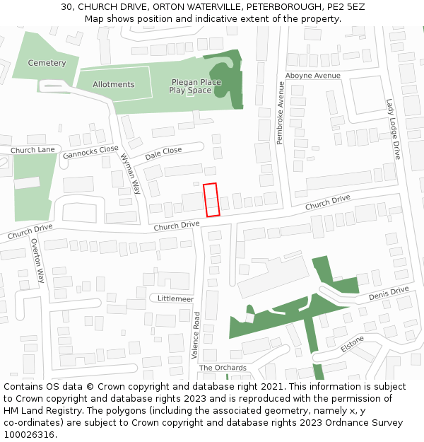 30, CHURCH DRIVE, ORTON WATERVILLE, PETERBOROUGH, PE2 5EZ: Location map and indicative extent of plot