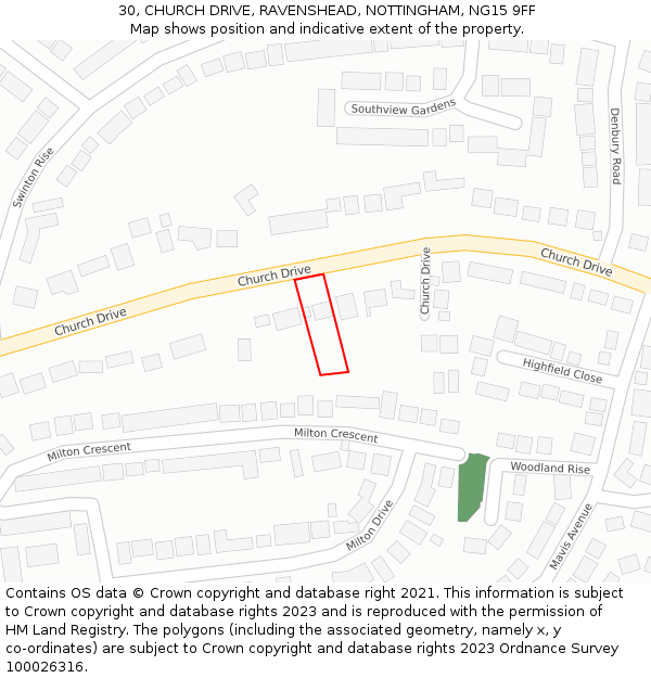 30, CHURCH DRIVE, RAVENSHEAD, NOTTINGHAM, NG15 9FF: Location map and indicative extent of plot