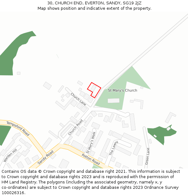 30, CHURCH END, EVERTON, SANDY, SG19 2JZ: Location map and indicative extent of plot