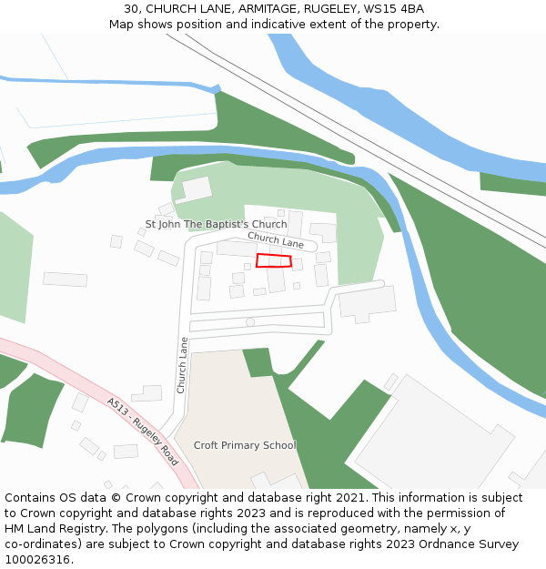 30, CHURCH LANE, ARMITAGE, RUGELEY, WS15 4BA: Location map and indicative extent of plot