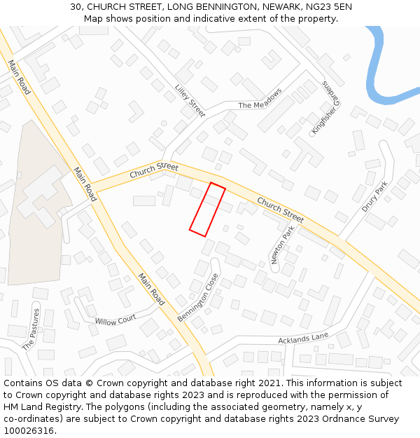 30, CHURCH STREET, LONG BENNINGTON, NEWARK, NG23 5EN: Location map and indicative extent of plot