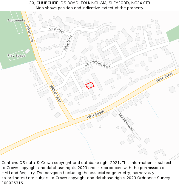 30, CHURCHFIELDS ROAD, FOLKINGHAM, SLEAFORD, NG34 0TR: Location map and indicative extent of plot