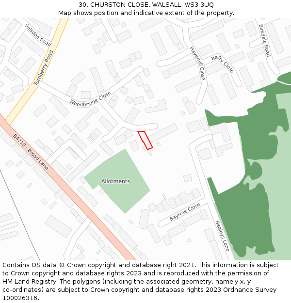 30, CHURSTON CLOSE, WALSALL, WS3 3UQ: Location map and indicative extent of plot