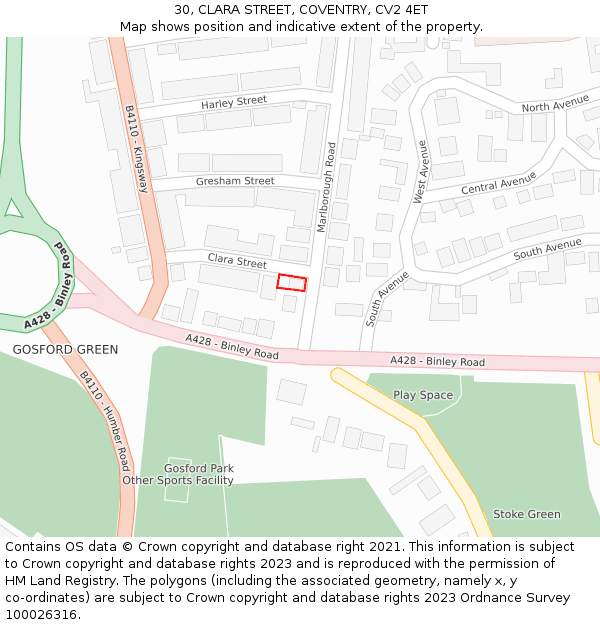30, CLARA STREET, COVENTRY, CV2 4ET: Location map and indicative extent of plot