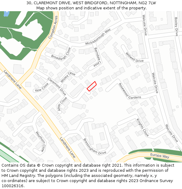 30, CLAREMONT DRIVE, WEST BRIDGFORD, NOTTINGHAM, NG2 7LW: Location map and indicative extent of plot