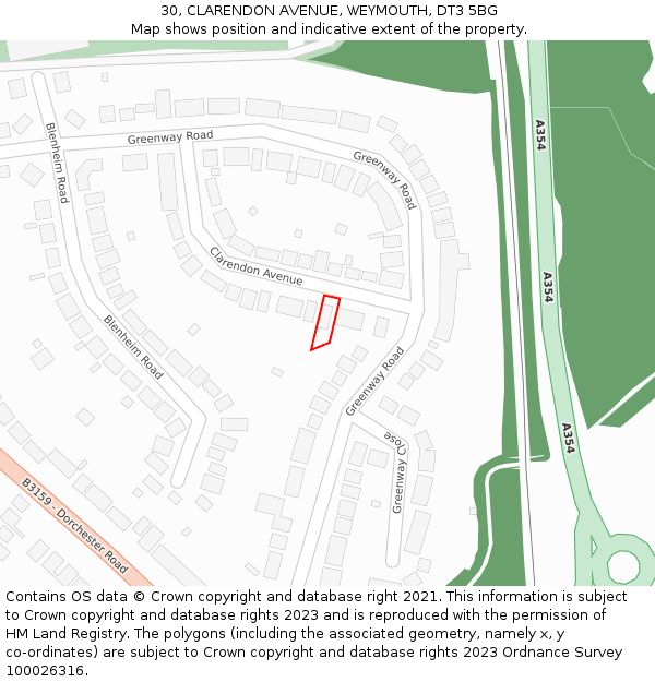 30, CLARENDON AVENUE, WEYMOUTH, DT3 5BG: Location map and indicative extent of plot