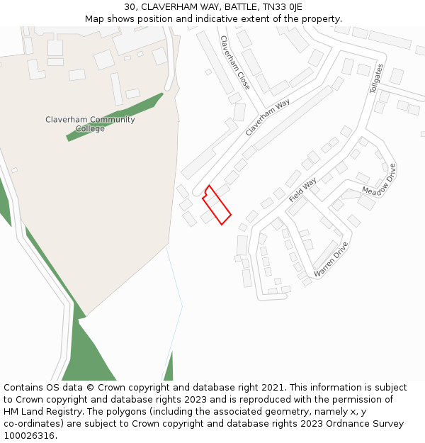 30, CLAVERHAM WAY, BATTLE, TN33 0JE: Location map and indicative extent of plot