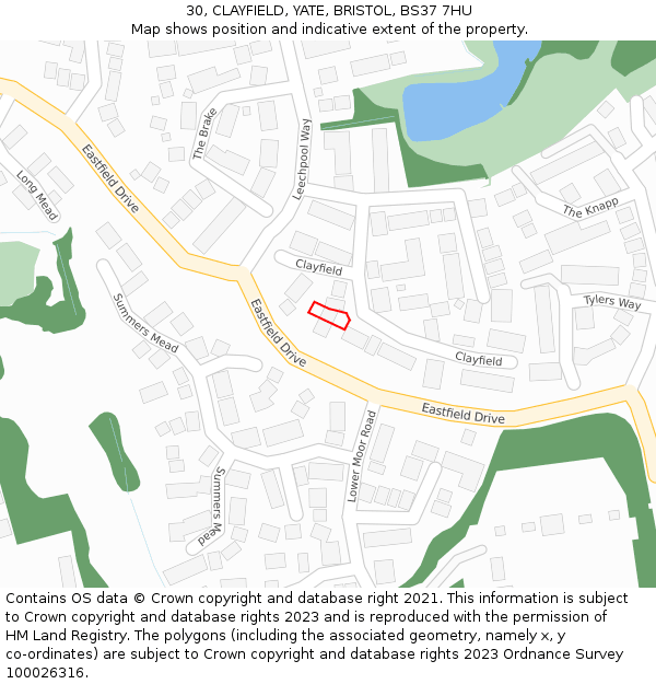 30, CLAYFIELD, YATE, BRISTOL, BS37 7HU: Location map and indicative extent of plot