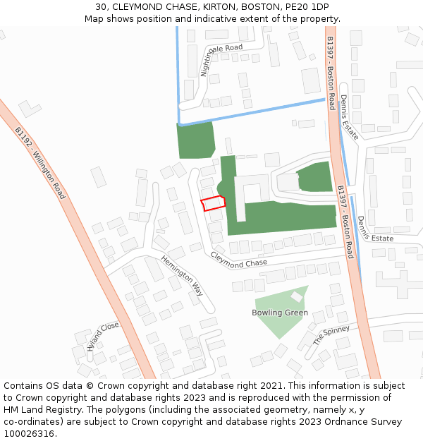 30, CLEYMOND CHASE, KIRTON, BOSTON, PE20 1DP: Location map and indicative extent of plot