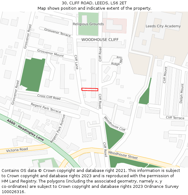 30, CLIFF ROAD, LEEDS, LS6 2ET: Location map and indicative extent of plot