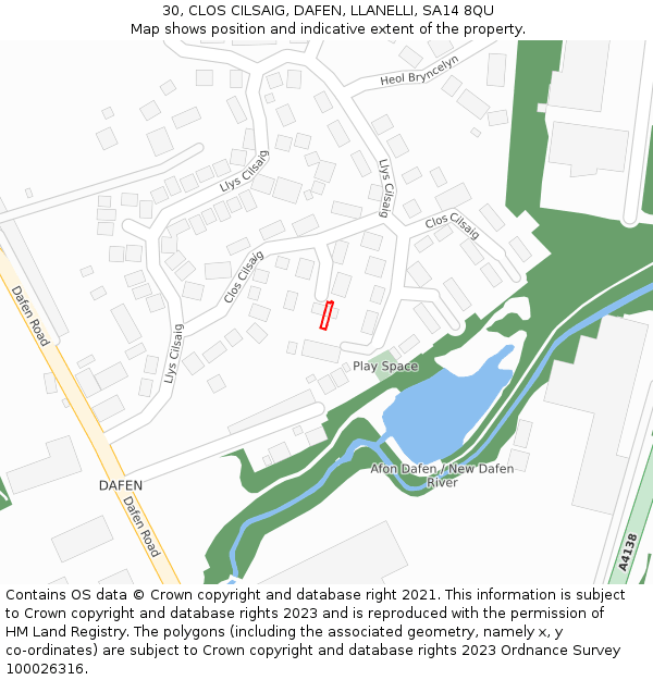 30, CLOS CILSAIG, DAFEN, LLANELLI, SA14 8QU: Location map and indicative extent of plot