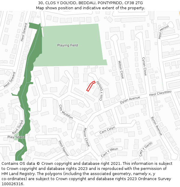 30, CLOS Y DOLYDD, BEDDAU, PONTYPRIDD, CF38 2TG: Location map and indicative extent of plot