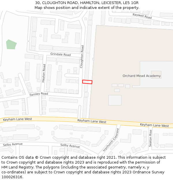 30, CLOUGHTON ROAD, HAMILTON, LEICESTER, LE5 1GR: Location map and indicative extent of plot