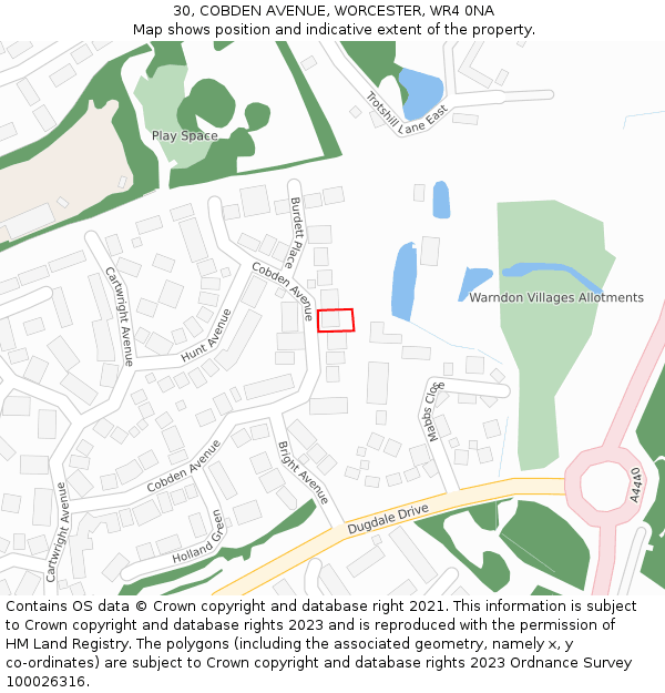 30, COBDEN AVENUE, WORCESTER, WR4 0NA: Location map and indicative extent of plot