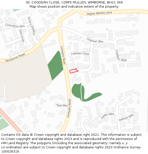 30, COGDEAN CLOSE, CORFE MULLEN, WIMBORNE, BH21 3XA: Location map and indicative extent of plot