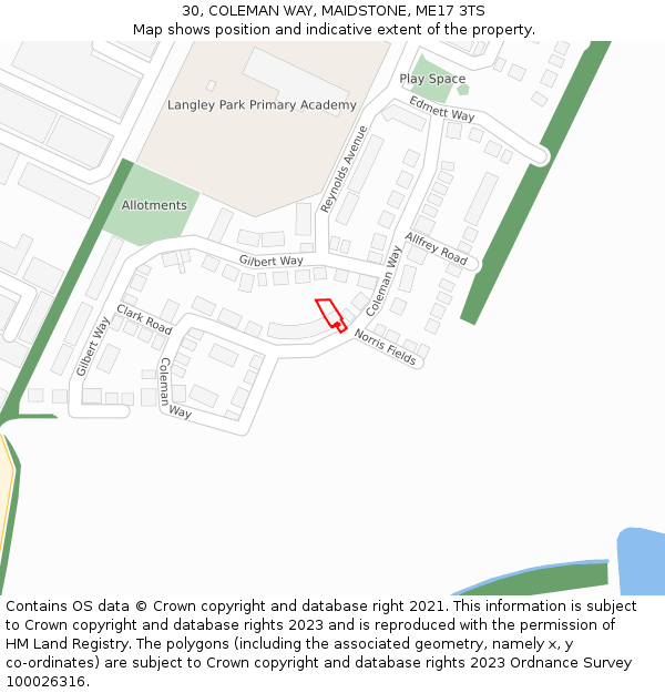 30, COLEMAN WAY, MAIDSTONE, ME17 3TS: Location map and indicative extent of plot