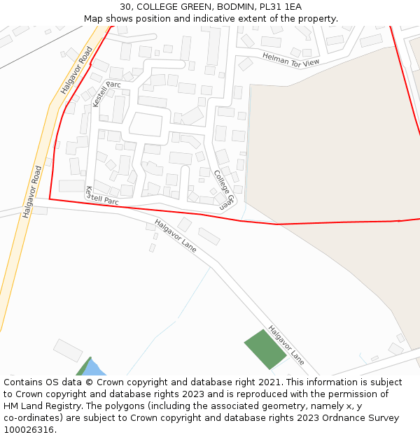 30, COLLEGE GREEN, BODMIN, PL31 1EA: Location map and indicative extent of plot