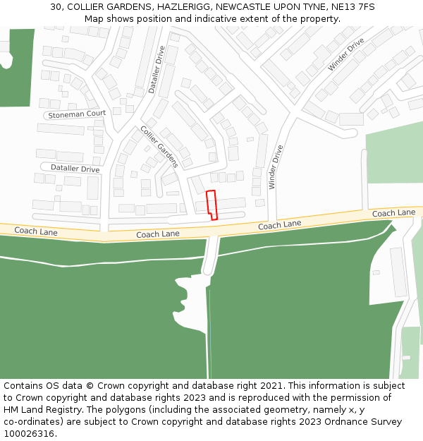 30, COLLIER GARDENS, HAZLERIGG, NEWCASTLE UPON TYNE, NE13 7FS: Location map and indicative extent of plot