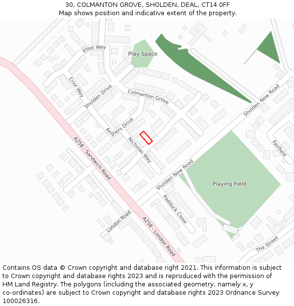 30, COLMANTON GROVE, SHOLDEN, DEAL, CT14 0FF: Location map and indicative extent of plot