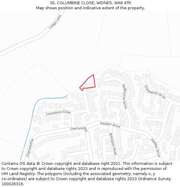 30, COLUMBINE CLOSE, WIDNES, WA8 4TR: Location map and indicative extent of plot