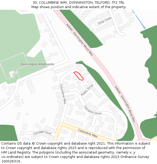 30, COLUMBINE WAY, DONNINGTON, TELFORD, TF2 7RL: Location map and indicative extent of plot