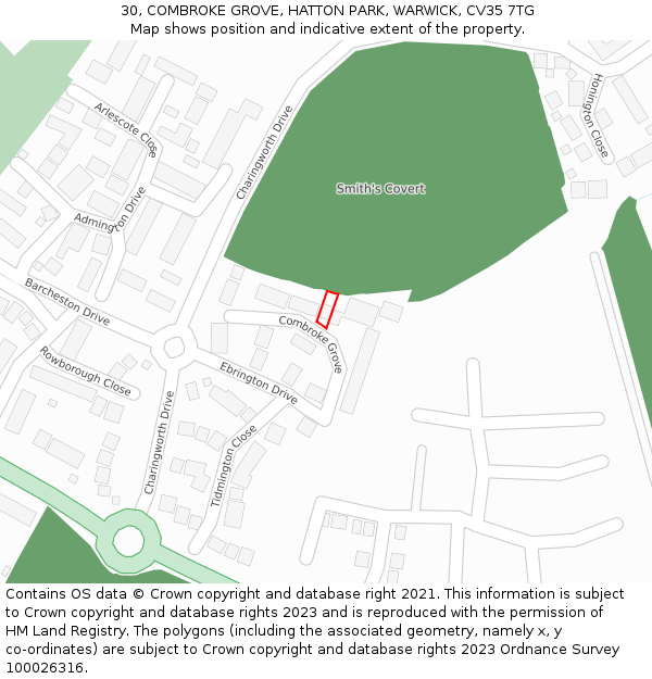 30, COMBROKE GROVE, HATTON PARK, WARWICK, CV35 7TG: Location map and indicative extent of plot