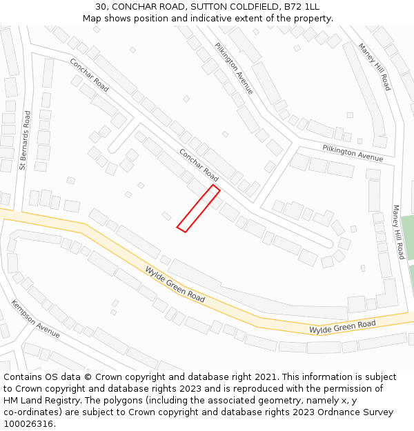 30, CONCHAR ROAD, SUTTON COLDFIELD, B72 1LL: Location map and indicative extent of plot