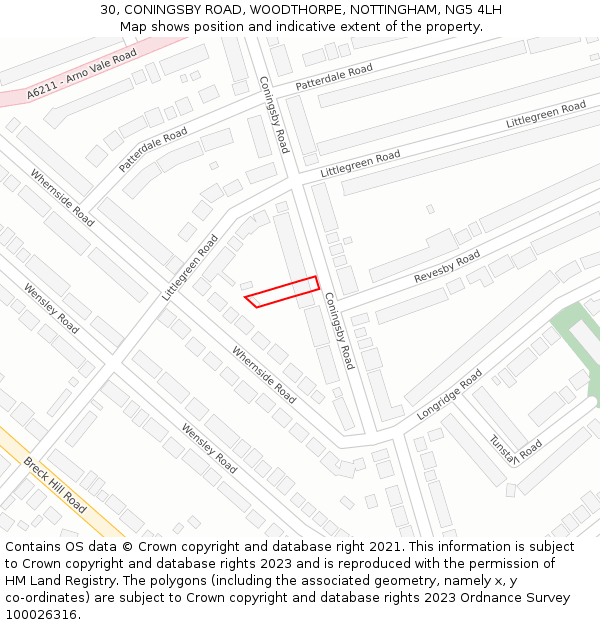 30, CONINGSBY ROAD, WOODTHORPE, NOTTINGHAM, NG5 4LH: Location map and indicative extent of plot