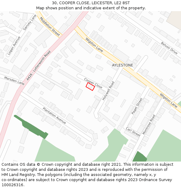 30, COOPER CLOSE, LEICESTER, LE2 8ST: Location map and indicative extent of plot