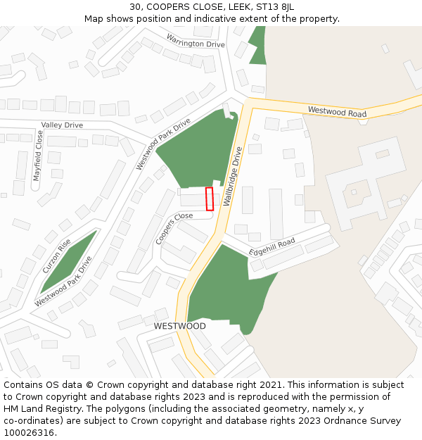 30, COOPERS CLOSE, LEEK, ST13 8JL: Location map and indicative extent of plot