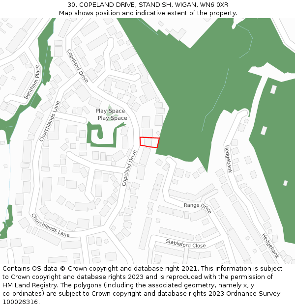 30, COPELAND DRIVE, STANDISH, WIGAN, WN6 0XR: Location map and indicative extent of plot