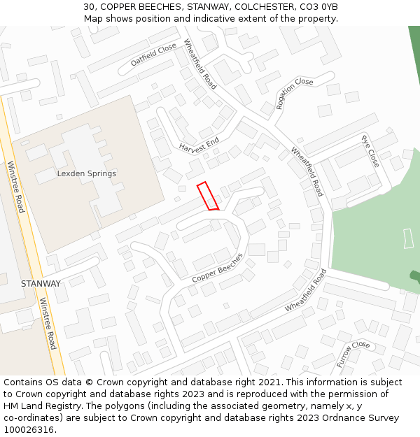 30, COPPER BEECHES, STANWAY, COLCHESTER, CO3 0YB: Location map and indicative extent of plot